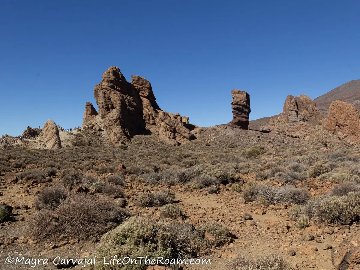 A group of rock formations in a desert-like environment