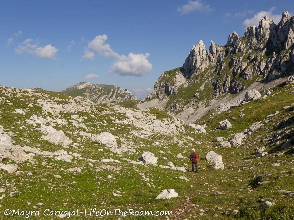 A man on a hiking trail in a grassy mountain valley with tall rock formations