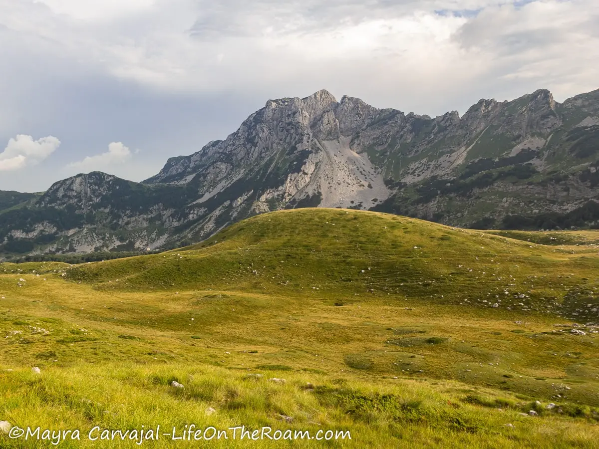 A jagged mountain in the background with rolling green hills in the foreground