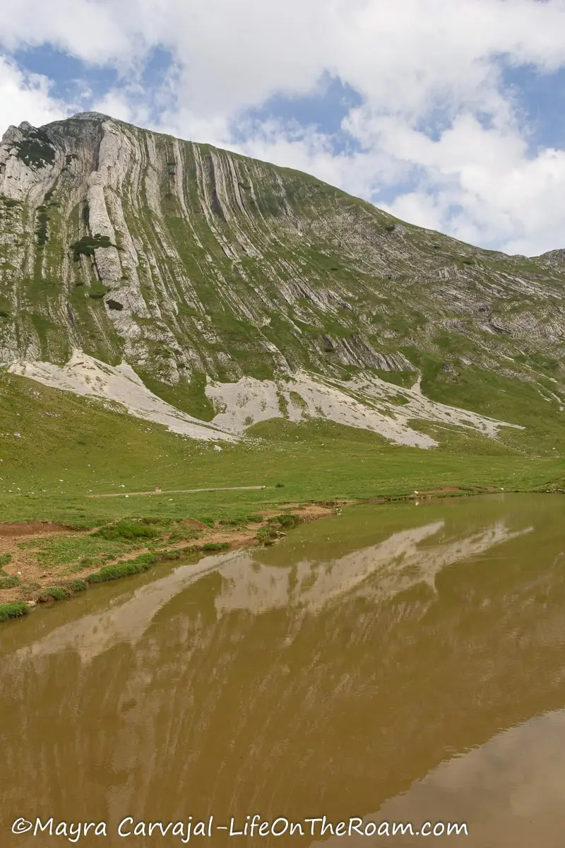 A mountain with vertical layers of rock and vegetation with a reflection on a pond