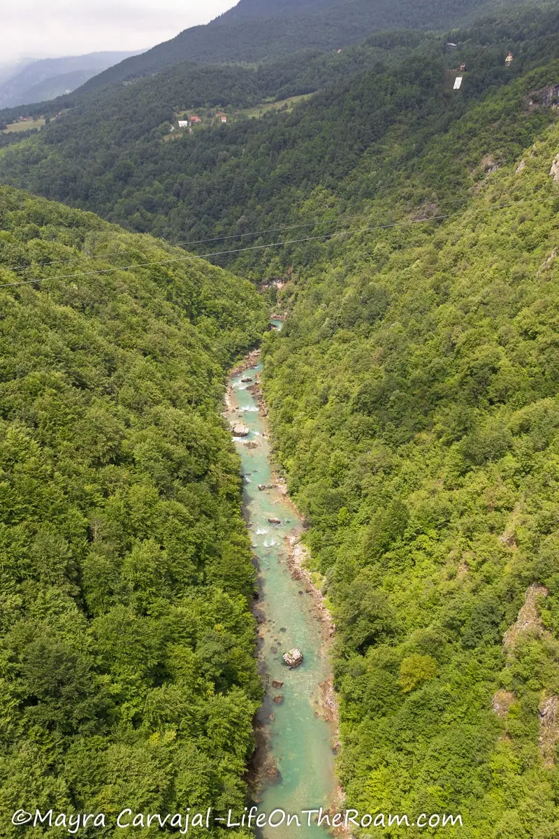 A river with turquoise waters along a canyon covered with lush vegetation