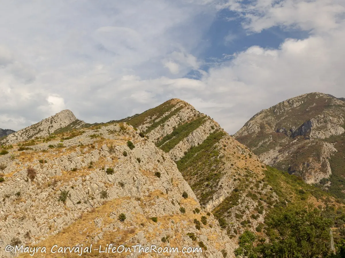 Triangular mountains, some with diagonal stripes