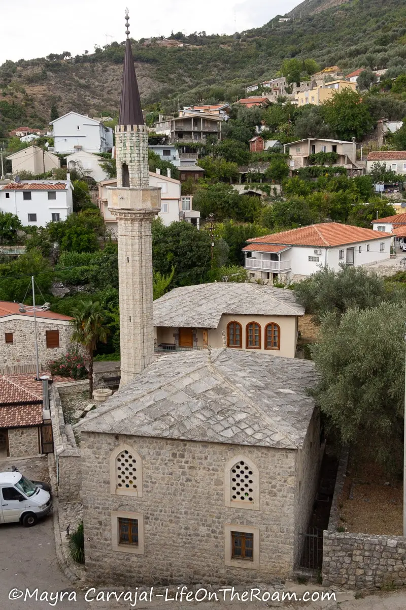 View of a mosque from above, in mountain town