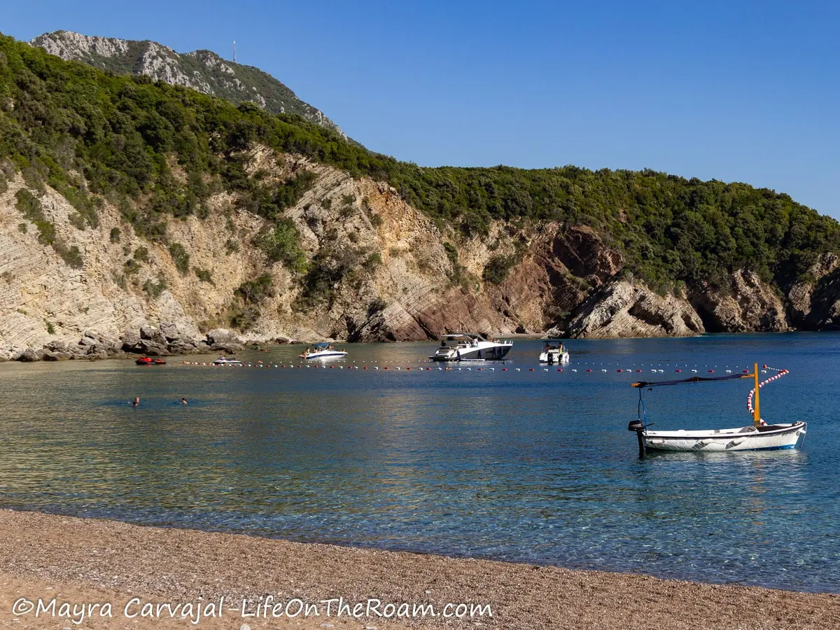 A small pebble beach with some small boats in the water and a hill with trees in the background