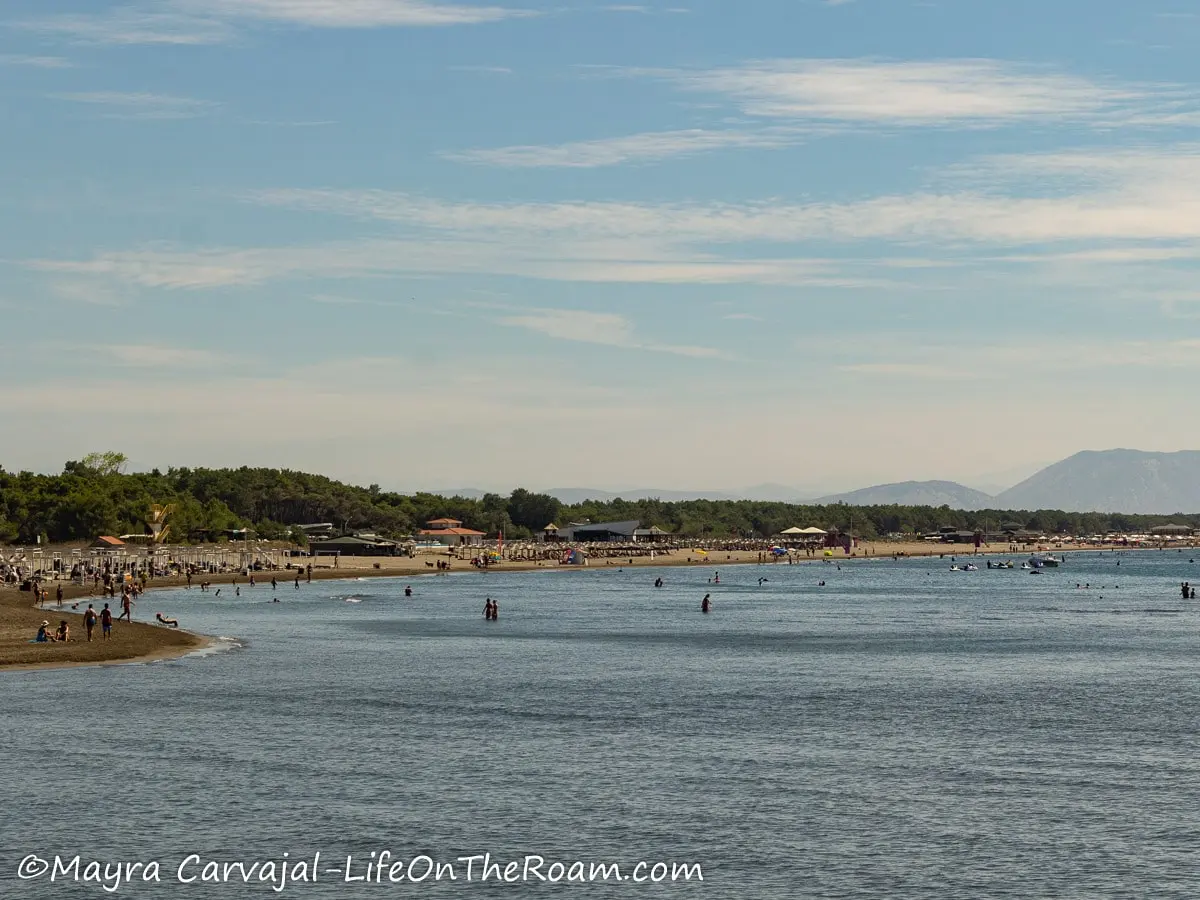 Distant view of a busy and shallow beach with trees at the back