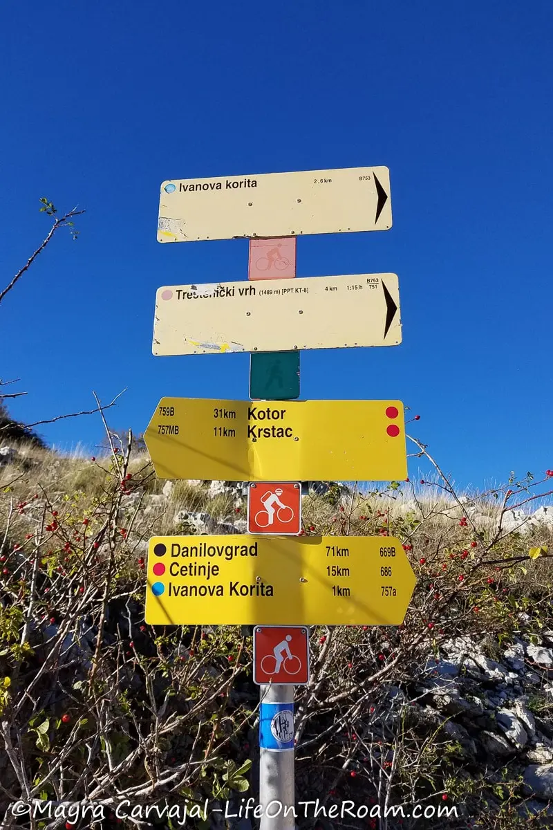 A sign post with names of hiking and biking trails and biking signs