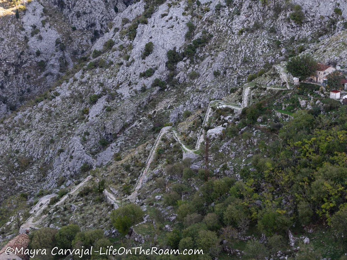 High view of a zigzag trail along a mountain slope