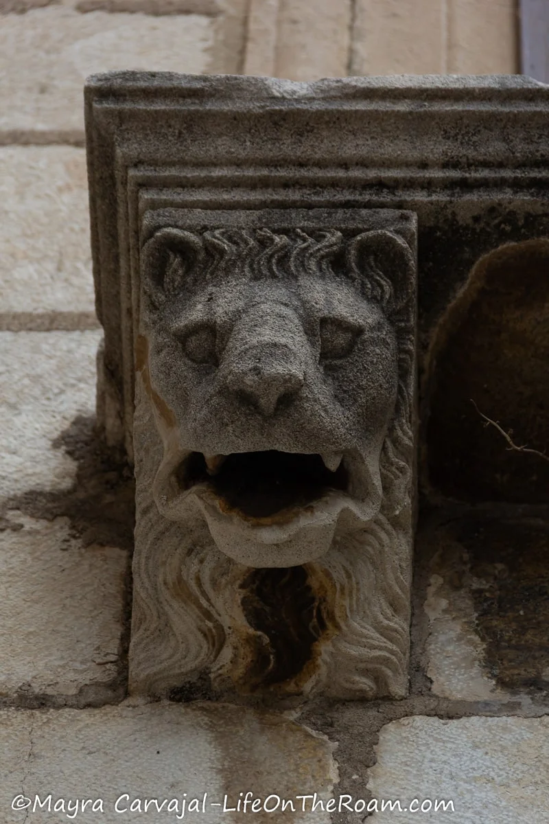 A window corbel in stone in the shape of a lion