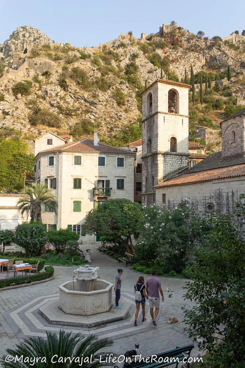A square in a historic town with big trees next to a church and a fountain in the centre