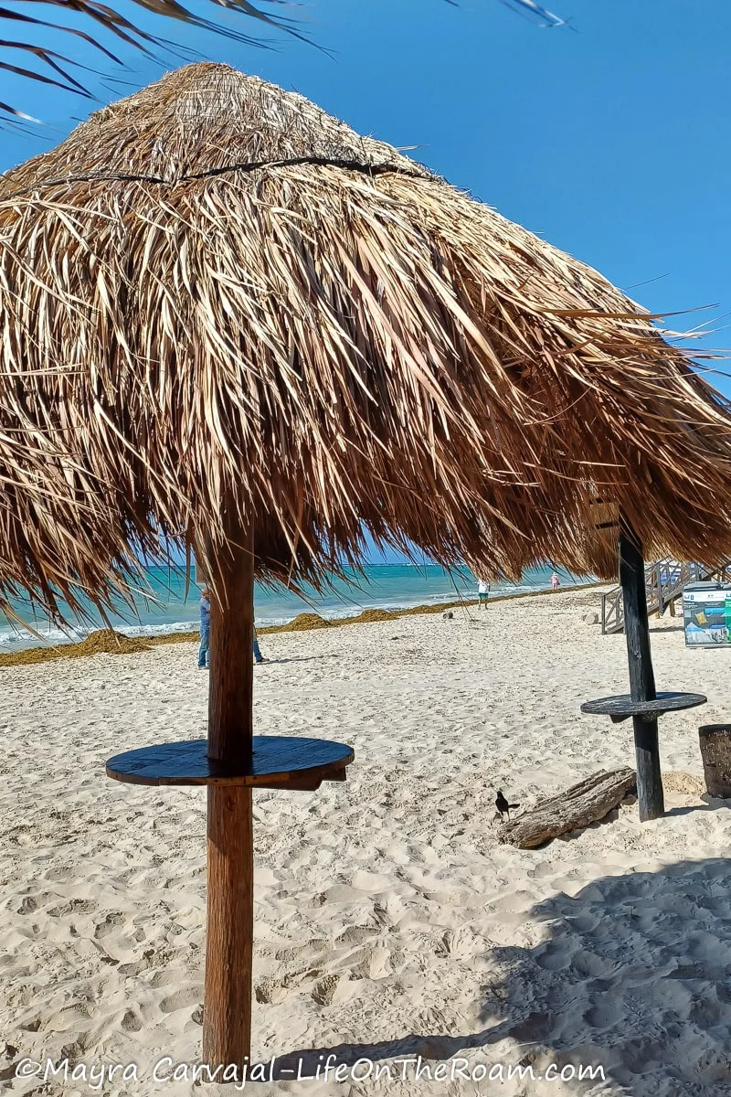 Two palapas on a sandy beach