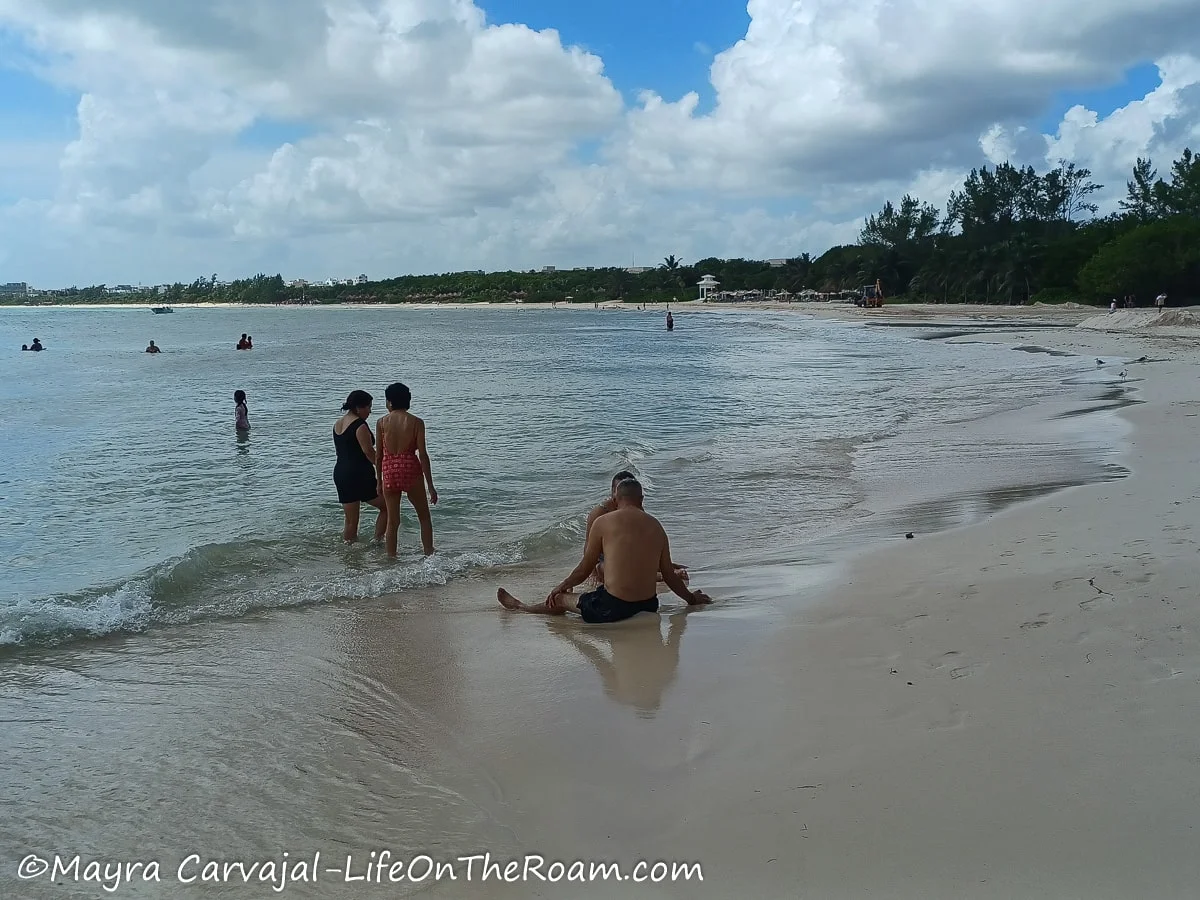 A calm beach with fine sand and a forest on the right side