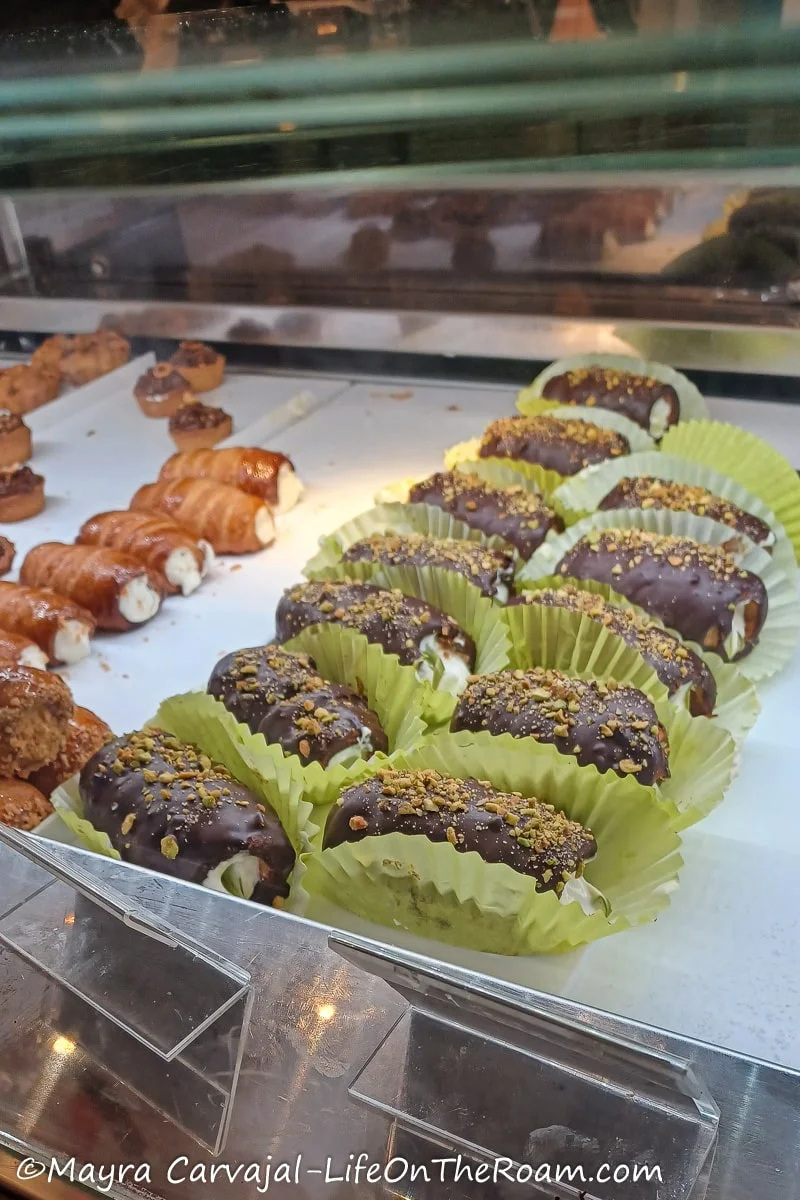 Desserts behind the glass in a counter