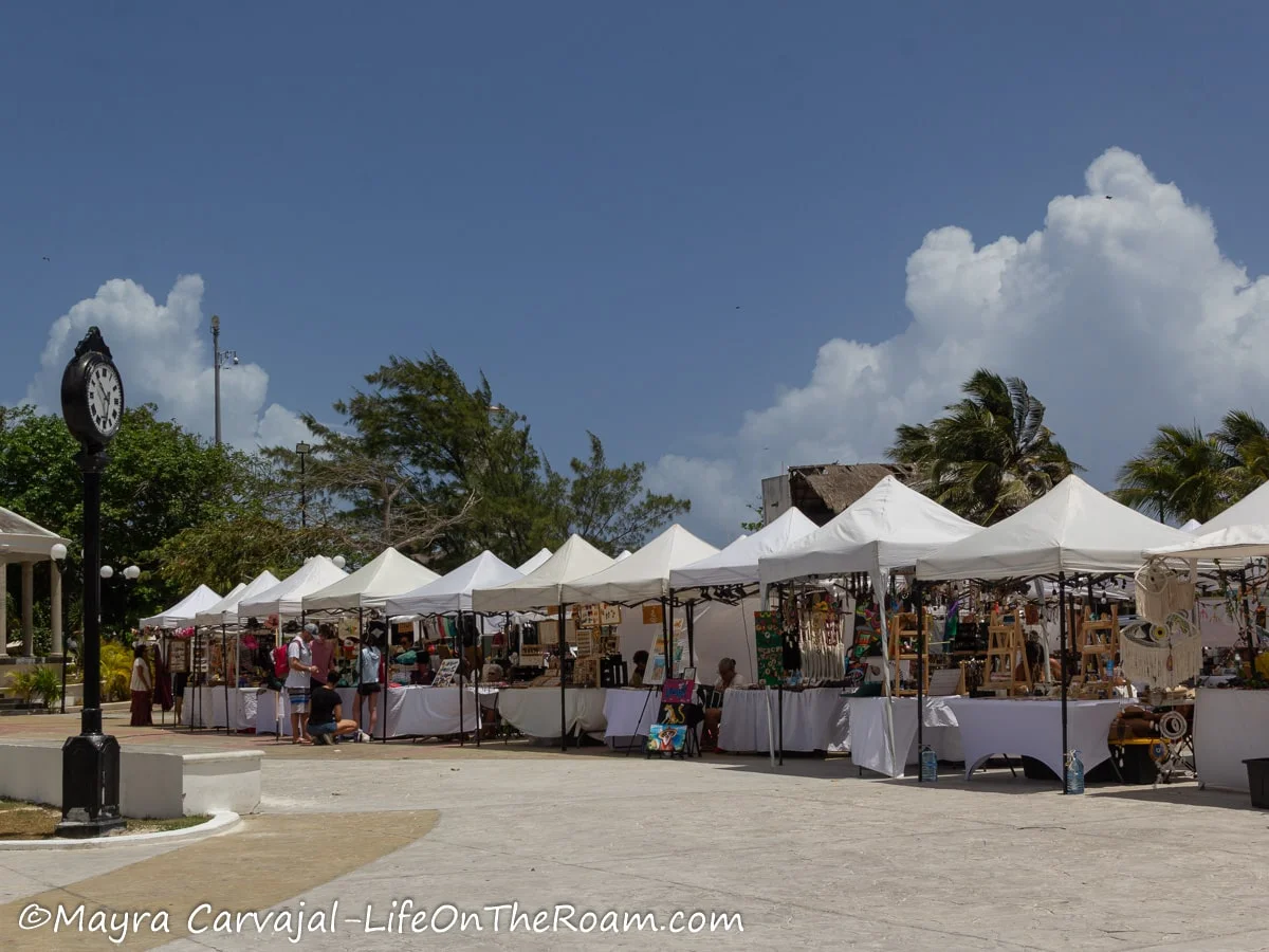Market Stands with white tents in a square