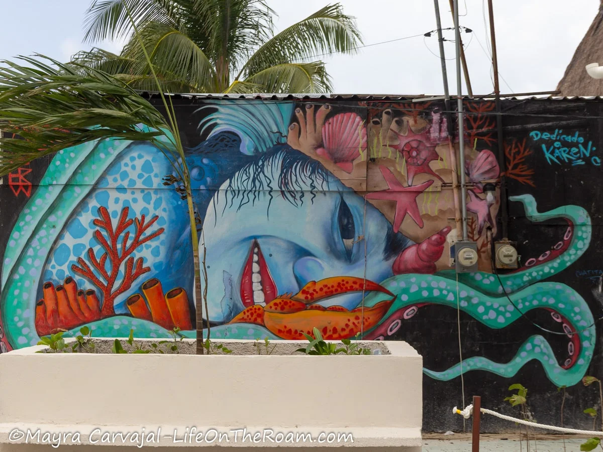 A mural depicting a woman with an underwater theme