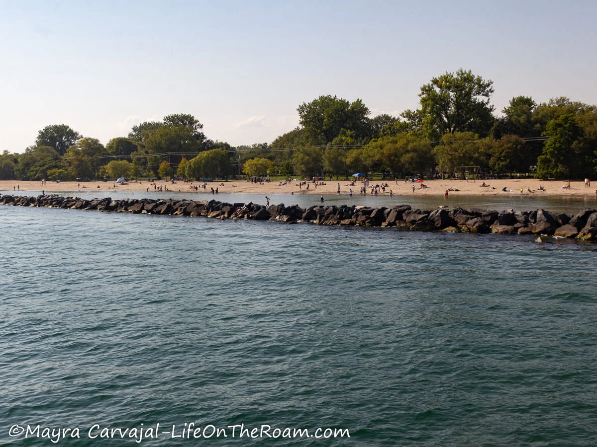 View of a beach from the water, with a breakwater, and trees in the background