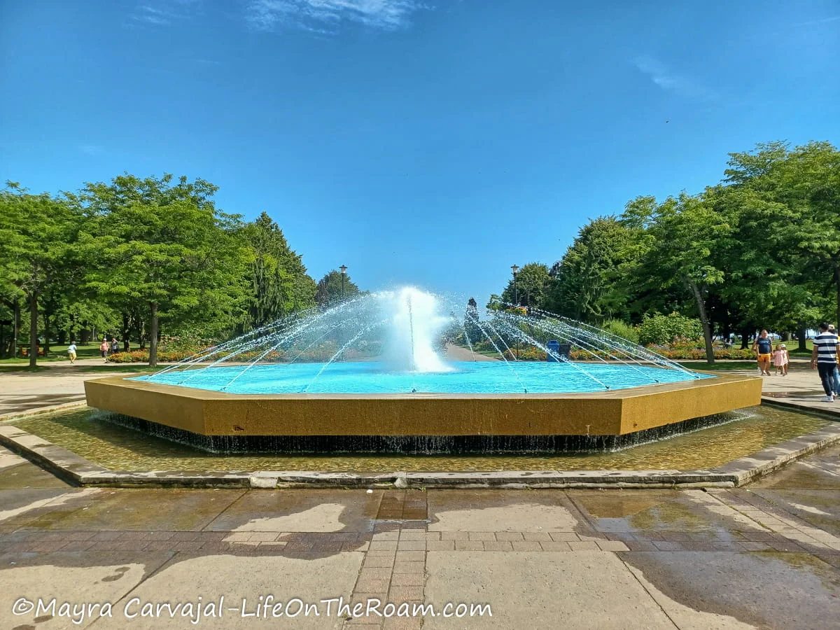 An octagonal fountain in a park