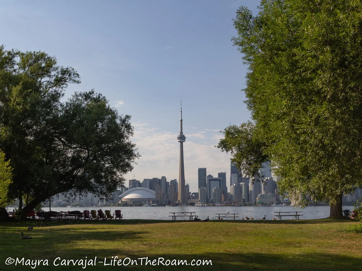 View of the skyline of the city of Toronto across Lake Ontario from a park in the Toronto Islands