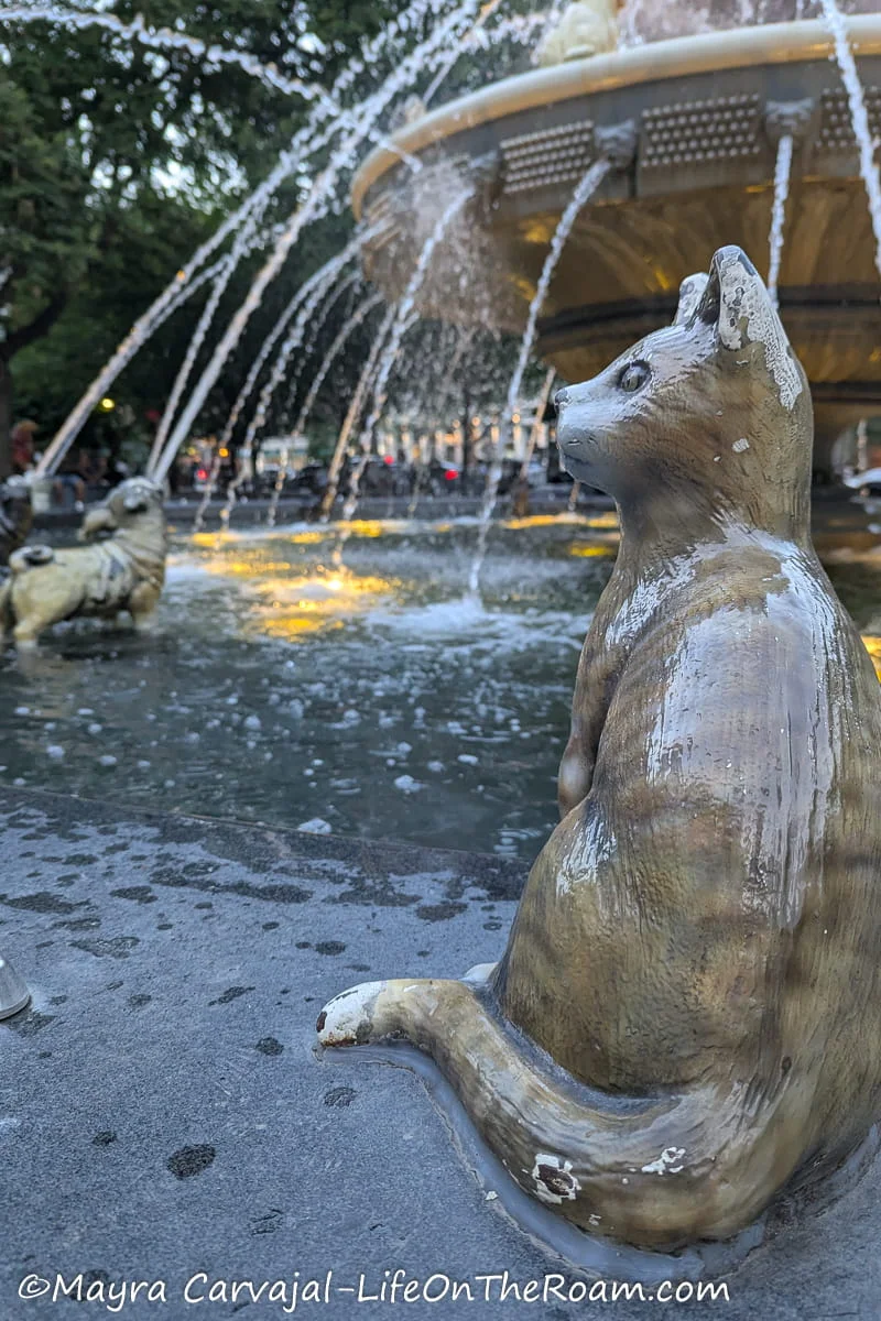 A sculpture of a cat in a fountain