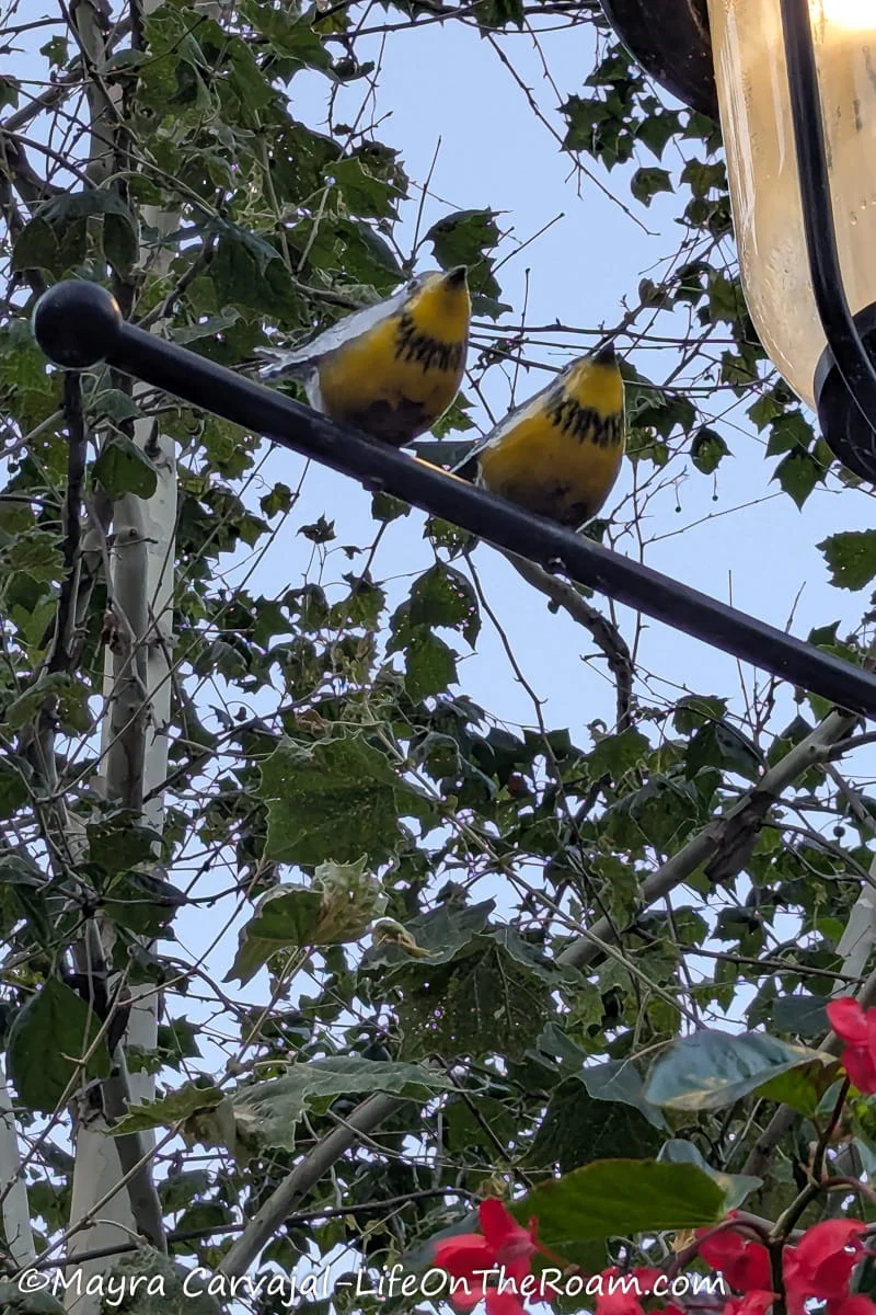 A sculpture of two birds on a light pole