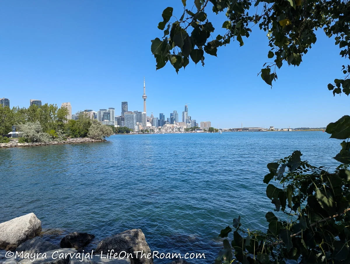 View of the skyline of a lakefront city from a trail